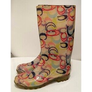 Coach Signature Rain Boots, Waterproof Rubber, Multicolor, Size 8